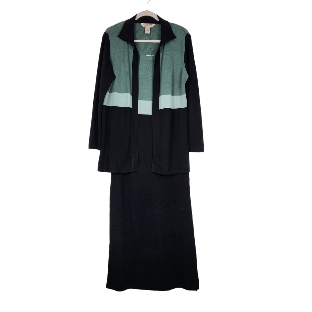John Paul Richard Black Sage Green Ribbed Knit Dress Cardigan Womens Size Medium